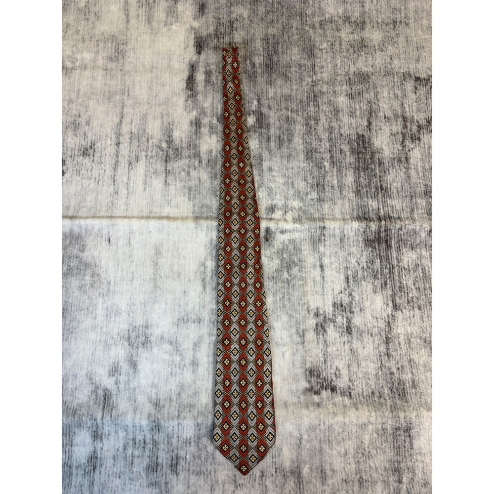 Ermenegildo Zegna Silk Tie Red Silver Gold Geometric Diamond Pattern Italy